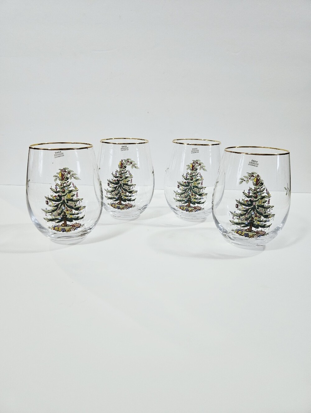 Vintage Spode Christmas Tree 22K Gold Rim Stemless Glass Wine Glasses Set of 4